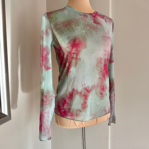 NWT ZARA Green Pink Tie Dye Mesh Long Sleeve Top M - Picture 7 of 14